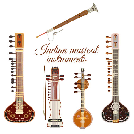 Vector set of indian musical instruments, flat style. Sarangi, sitar, saraswati veena and shehnai icons isolated on white background.のイラスト素材