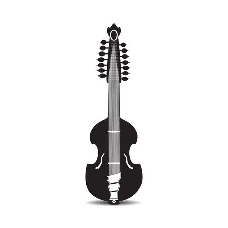 Vector illustration of viola guitar isolated on white background. Black and white flat style musical instrument. Bluegrass and country music.のイラスト素材
