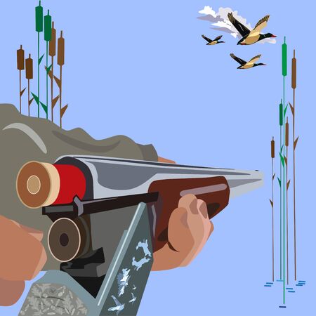 Loading of a rifle vector illustration. Hunting ducks concept design elements in flat style.のイラスト素材