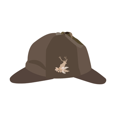 Vector illustration of detective sherlock holmes hat isolated on white background. Brown deerstalker hat with cloth badge deer silhouette, oak leaves and acorns in flat style.のイラスト素材