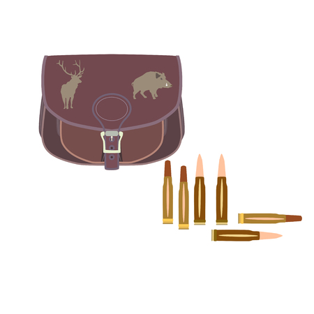 Vector illustration of hunting bag and bullets for rifle isolated on white background, flat style designのイラスト素材