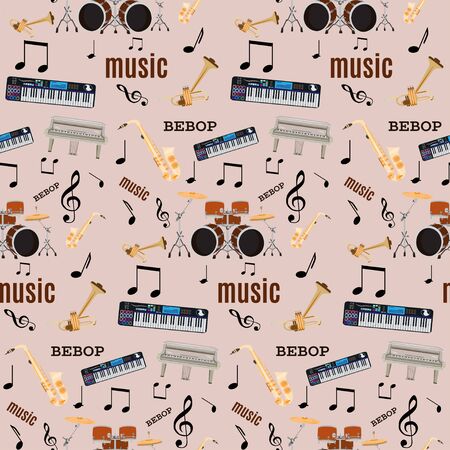 Vector seamless pattern with bebop jazz music instruments. Flat style design.のイラスト素材