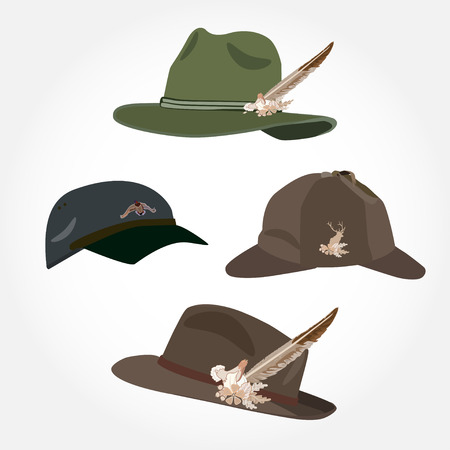 Vector set of mens hats, deerstalker hat and cap in flat styleのイラスト素材