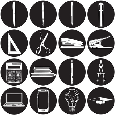 Vector set of white school and office supplies icons. Stationery, laptop, mobile phone and light bulb flat style design templates.のイラスト素材
