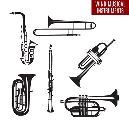 Vector set of black and white wind musical instruments in flat design. Saxophone, clarinet, trumpet, trombone, tuba isolated on white background. Woodwind and brass musical instruments.のイラスト素材