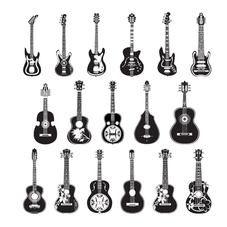Vector set of guitar icons isolated on white background. Black and white string musical instruments in flat style.のイラスト素材