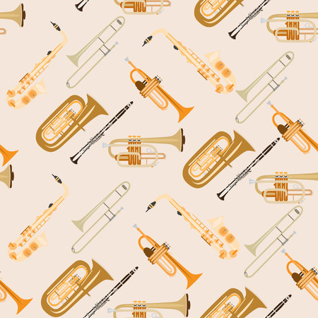 Vector seamless pattern with wind musical instruments. Saxophone, clarinet, trumpet, trombone and tuba, woodwind and brass musical instruments.のイラスト素材