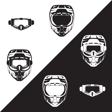 Motorcycle protective helmet and goggles vector black flat illustrationのイラスト素材
