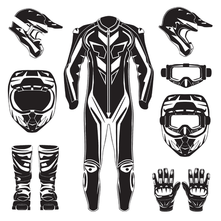 Motorcycle riding or race suit and protective gears vector illustration, gloves, helmet and goggles black templates flat style design.のイラスト素材