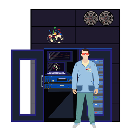 Quantum computer and engineer standing in front of it. Quantum and computer engineering concept vector illustration isolated on white background.のイラスト素材