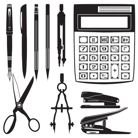 Vector set of black school and office supplies on white background. Calculator, scissors, stapler, hole punch, drawing compasses, pens and pencils. Stationery icon set.のイラスト素材