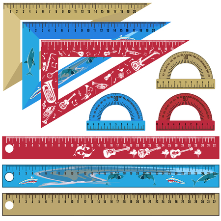 Vector set of school measuring rulers and protractors isolated on white background. Flat style design.のイラスト素材