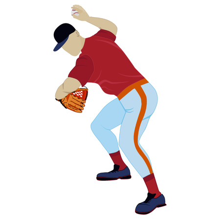 Baseball pitcher with glove throwing ball. Vector flat illustration isolated on white background.のイラスト素材