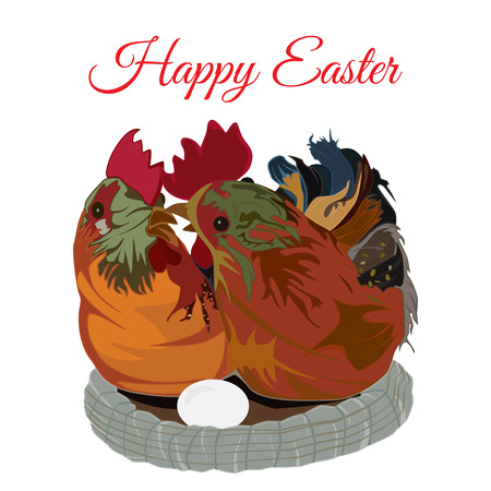 Cute chicken family in the nest, vector flat illustrationのイラスト素材