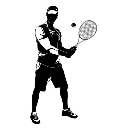 Tennis player black silhouette on white background, vector illustrationのイラスト素材