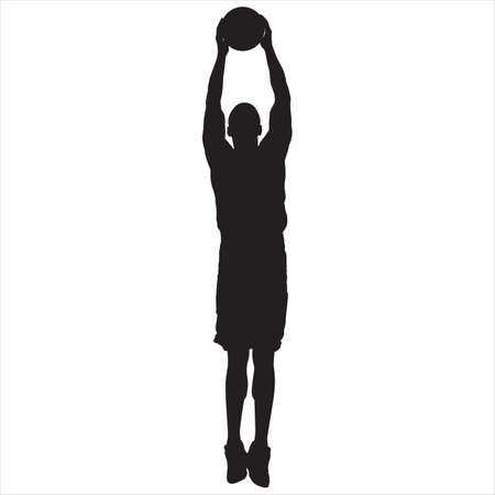 Professional basketball player silhouette jumping and shooting ball into the hoop, vector illustrationのイラスト素材