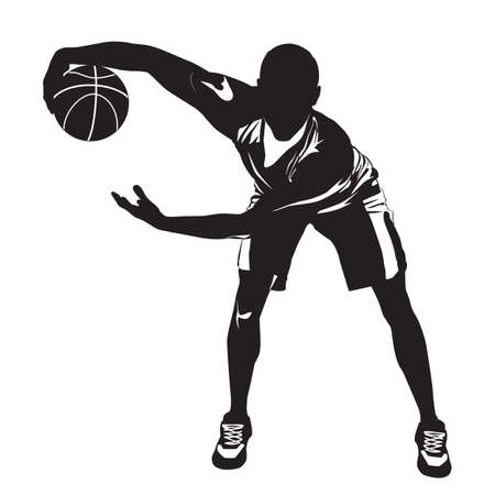 Professional basketball player silhouette with ball, vector illustration. Basketball dribbling skills, moves, tricks.のイラスト素材