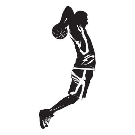 Professional basketball player silhouette shooting ball into the hoop, vector illustration. Slam dunk shooting techniqueのイラスト素材
