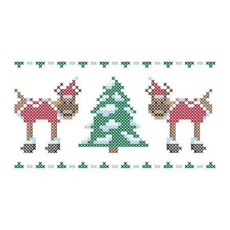 Christmas embroidery, cross stitch ornament. Christmas tree reindeers, vector.のイラスト素材