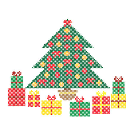 Christmas tree, gift boxes. Embroidery pattern, cross stitch ornament, vector.のイラスト素材