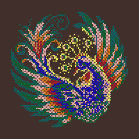 Embroidered peacock, cross stitch pattern of beautiful bird, vector illustrationのイラスト素材