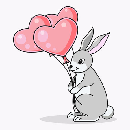 Happy Birthday Baby Shower Valentines Day Cute Bunny with Heart Shaped Balloonsのイラスト素材