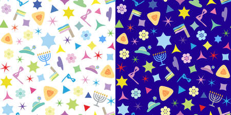 Set of vector seamless patterns with purim holiday symbols on dark blue or white background. Cute design for purimspiel, holiday card, poster, flyer.のイラスト素材