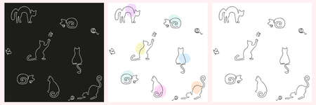 Set of vector seamless patterns with cats drawn by one continuous line. Black and white backgrounds. Design for pet shop, veterinary clinic or kindergarten.のイラスト素材