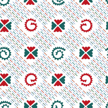 Seamless pattern with dark red and green ethnic element, colorful dotted lines on white background. Vector design for textile print, web banners, posters, cards, wallpapers, backdrops, wrapping paperのイラスト素材