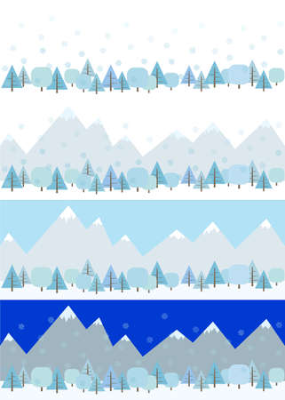 Set of editable vector pictures of winter forest and mountains in doodle style. Can be repeated horizontally.のイラスト素材