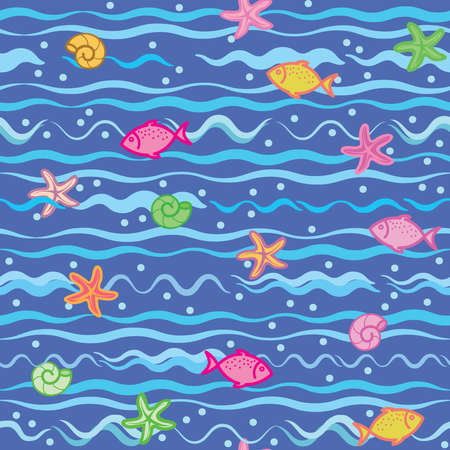 Marine seamless pattern with sea waves, colorful fish, starfish, seashells and air bubbles on dark blue background. Cute children's design for textile, wallpaper and gift wrap.のイラスト素材