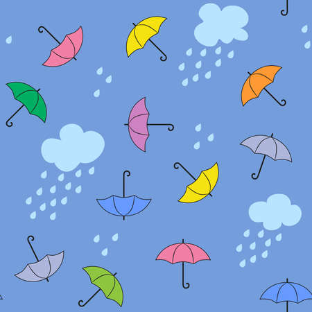 Rainy seamless pattern with multicolored umbrellas, clouds and raindrops on blue background. Cute cartoon design for kids wallpaper or fabric print.のイラスト素材