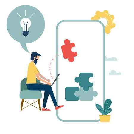 Concept of solving business problems. Abstract head of person filled with new ideas thoughts vector Brainstorming, beginning and end to thought, abstract metaphor. Businessman.のイラスト素材