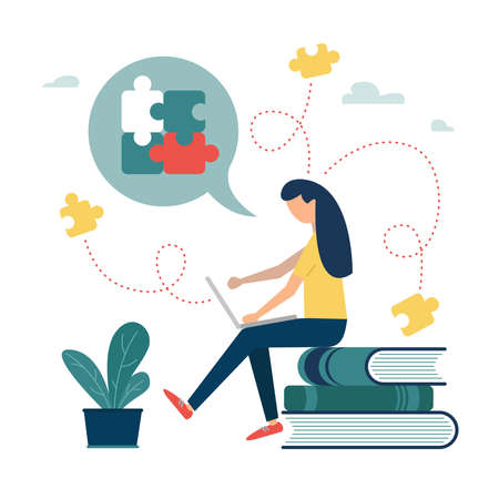 Concept of solving business problems. Abstract head of person filled with ideas thoughts vector Brainstorming, beginning and end to thought, abstract metaphor. Businesswoman.のイラスト素材