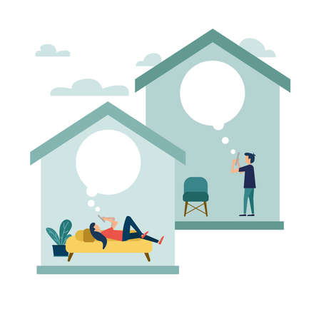 Online communication with smartphone technology. Illustration of self-isolation and social networking. Social distancing design.のイラスト素材