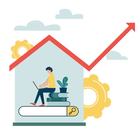 Abstract character is thinking over an idea. Illustration of move up motivation and social networking.のイラスト素材