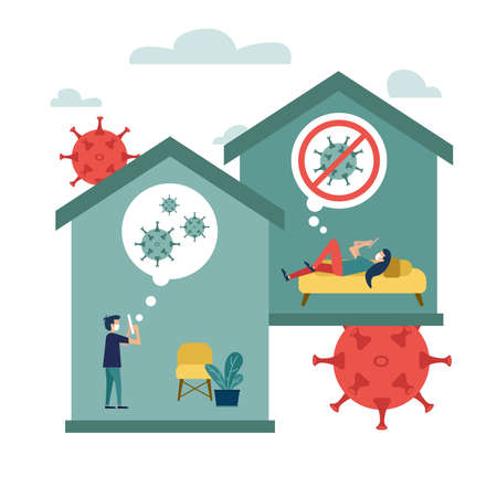 Communication between people during self-isolation. Work during self-isolation. A man and a woman communicate during quarantine. Work from home.のイラスト素材