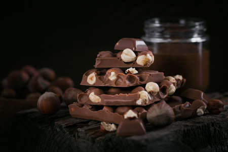 Pile of hazelnut milk chocolate and nuts on dark wooden background