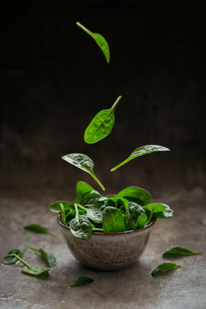 Leaves of fresh baby spinach in a bowl. flying leaves. Dark organic green leaves. Healthy vegan food lifestyle conceptの写真素材