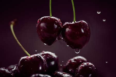 Close up of ripe juicy sweet cherries with water drops in a ceramic bowl