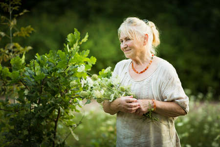 Elderly woman in white vintage dress walks around the garden with a bouquet of field flowers and smilesの写真素材