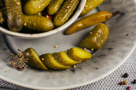 Plate of gherkins, pickled cucumbers on a grey background. Clean eating, vegetarian food conceptの写真素材