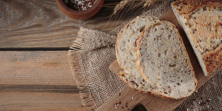 Sliced fresh baked whole grain bread with flax seeds