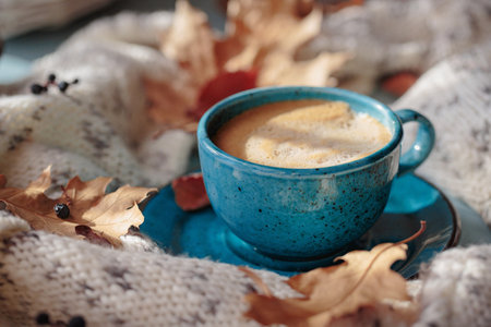 White knitted scarf, blue cup of coffee and dry yellow leavesの写真素材