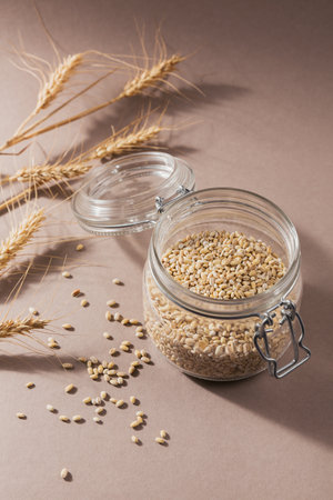 Organic uncooked dried barley cereal grain in a bowlの写真素材