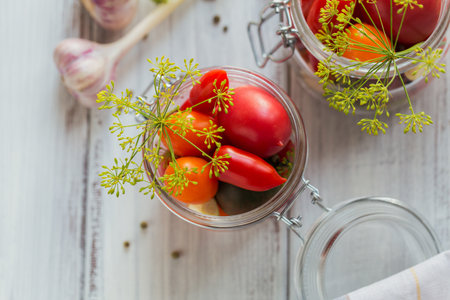 Homemade canning. Ingredient for pickles tomatoes with dill on the kitchen table in rustic style. Vegetable salads for winter.の写真素材