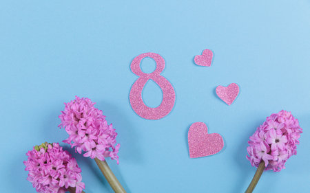 March 8 Womens Day card from spring hyacinth flowersの写真素材