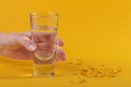 Diet, nutrition, eating healthy concept. Oil filled capsules of food supplements on yellow background. Woman's hand holding glass of water for pouring brown softgels capsulesの写真素材