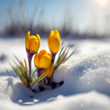 Yellow Crocus spring flowers growing in snow. Beautiful floral card with brilliant sparkling background. Generative AIの素材
