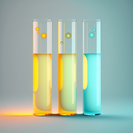 Three test tubes with yellow and blue liquid. New Disease and Medicine Research concept. Scientific innovation in healthcare and pharmaceuticals. Generative AIの素材